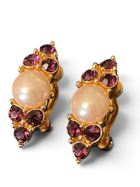 Givenchy Jewelry - Vintage Givenchy Faux Pearl & Purple Rhinestone Clip On Earrings